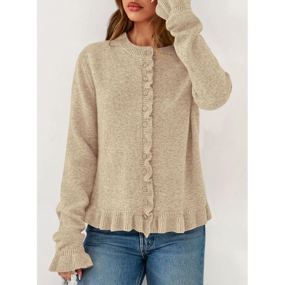 Women’s Chunky Knit Button Down Ruffle Cropped Cardigan Sweater Long Sleeve - Picture 7 of 8